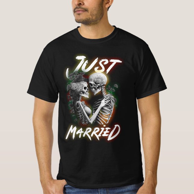 T-shirt Just Married Halloween Skeleton Bride And Groom We (Devant)