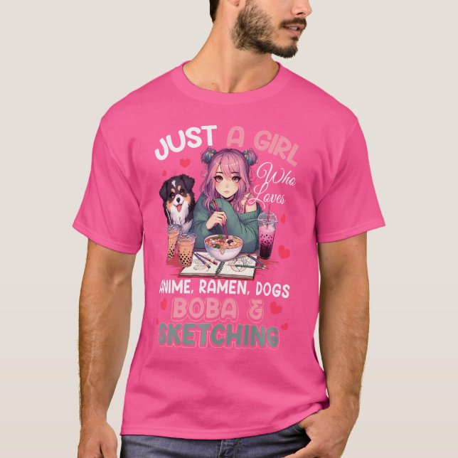 T-shirt Juste fille qui aime Anime Ramen Chiens Boba Sketc (Devant)