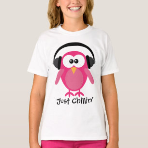 T-shirt Juste hibou rose de Chillin avec des écouteurs