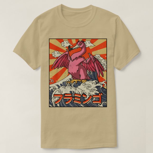 T-shirt Kaiju Flamant rose Grande vague au large Kanagawa  (Design devant)