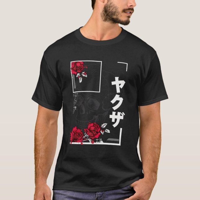 T-shirt Kanji japonais esthétique Grunge doux crâne floral (Devant)