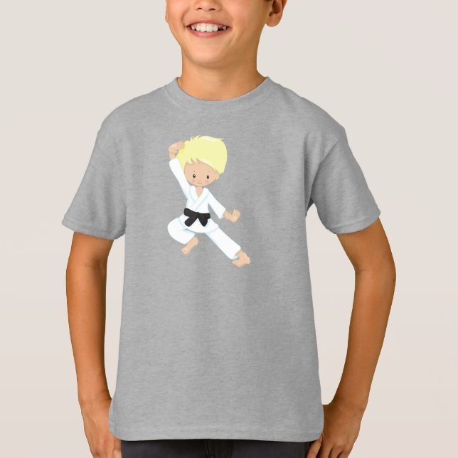 T-shirt Karate Boy, Joli Garçon, Ceinture noire, Cheveux b (Devant)