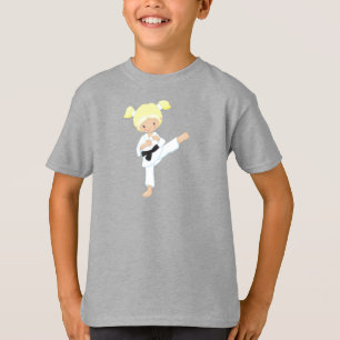 T-shirt Karate Girl, mignonne fille, cheveux blonds, ceint