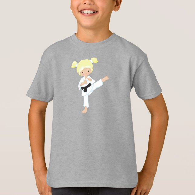 T-shirt Karate Girl, mignonne fille, cheveux blonds, ceint (Devant)