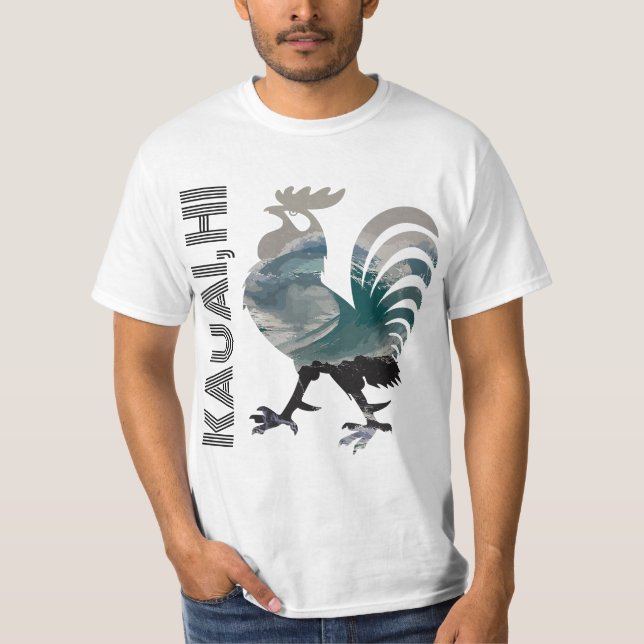 T-shirt Kauai Chicken Rooster Hawaii Surf Wave  (Devant)