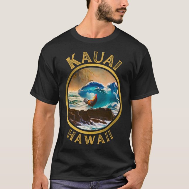 T-shirt Kauai Hawaii Chicken Rooster Surf Wave café Desi (Devant)