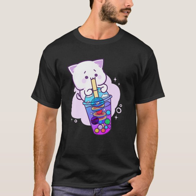 T-shirt Kawaii Anime Boba Galaxy Chat Planet Thé Cute Kitt (Devant)