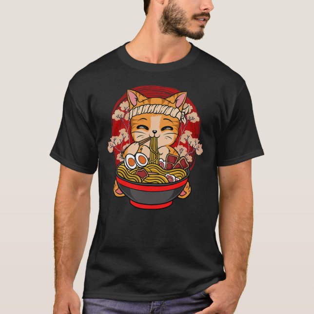 T-shirt Kawaii Anime Cat Eating Ramen Japanese Noodles Fun (Devant)