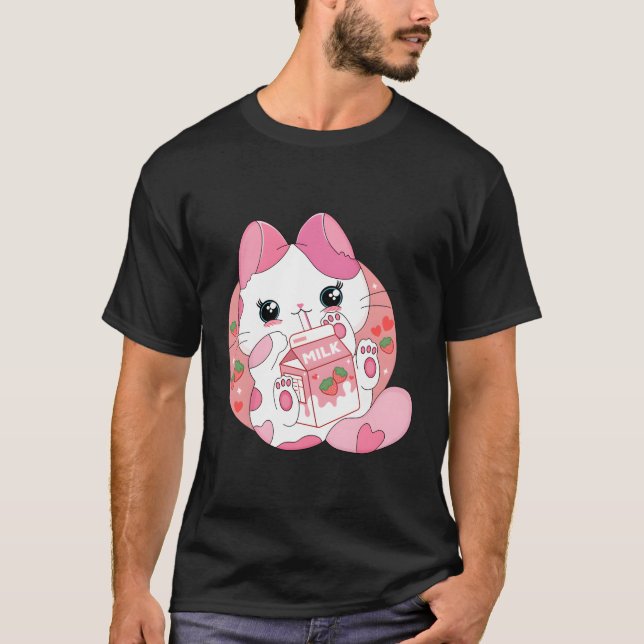 T-shirt Kawaii Anime Chat Boire Lait De Fraise Japonais (Devant)