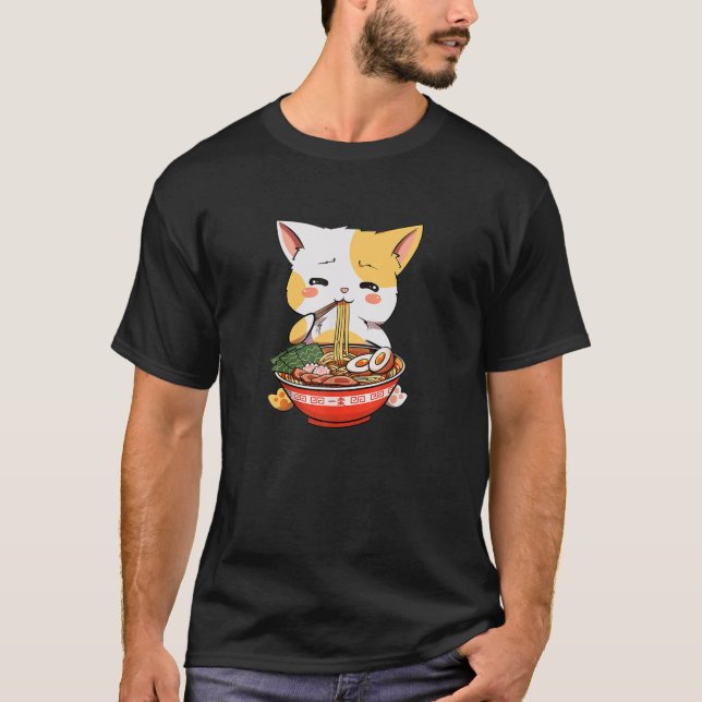 T-shirt Kawaii Anime Chat Manger Ramen Japonais Nouilles C (Devant)