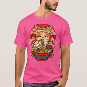 T-shirt Kawaii Anime Chat Manger Ramen nouilles japonaises