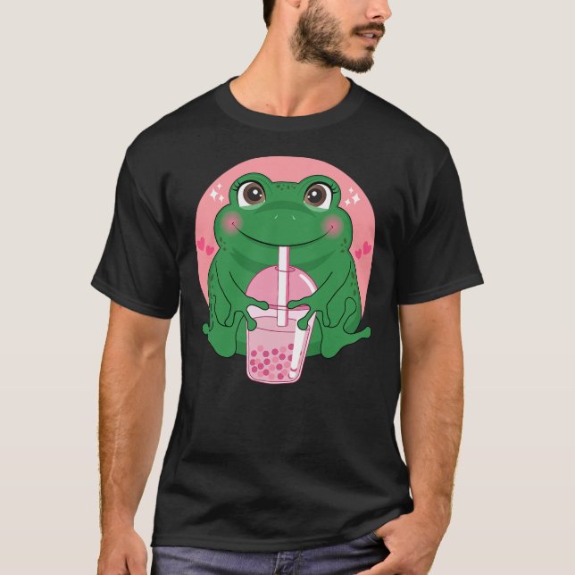 T-shirt Kawaii Anime Frog Drinking Boba Tea Bubble Tea Cut (Devant)