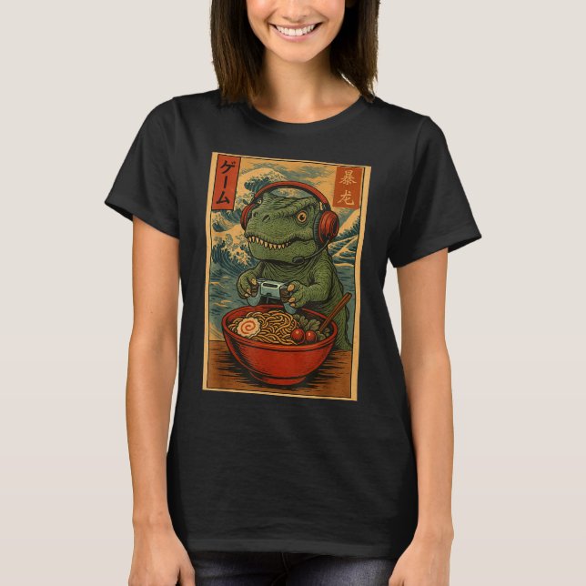 T-shirt Kawaii Anime Gamer T-rex Ramen Retro Japanese Gami (Devant)