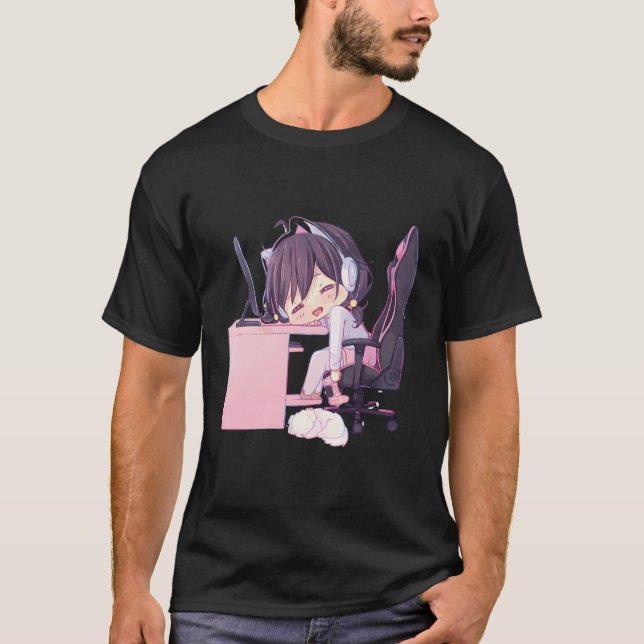 T-shirt Kawaii Anime Girl Chibi Neko Catgirl Gamer Egirl (Devant)