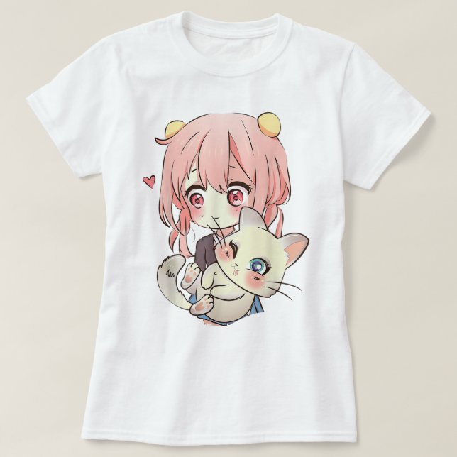 T-shirt Kawaii Anime Girl With Cute Cat (Design devant)