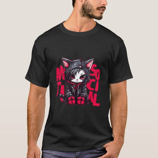 T-shirt Kawaii Anime Gothique Chat Chibi Antisocial Hera G (Devant)