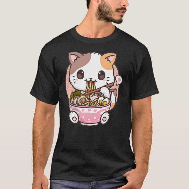 T-shirt Kawaii Anime Ramen Cat Neko (Devant)