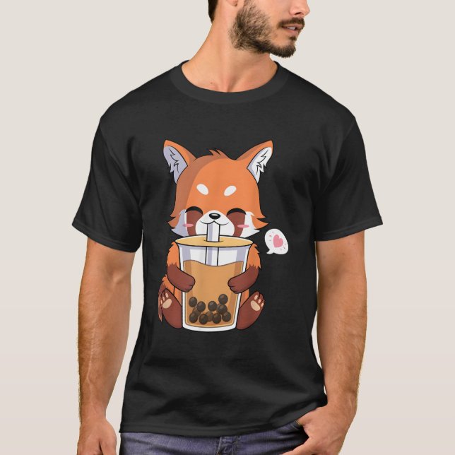 T-shirt Kawaii Anime Red Panda Boire Boba Bubble Tea (Devant)