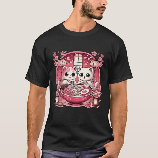 T-shirt Kawaii Artwork Co Chat Japonais Mangeant Ramen Ani (Devant)