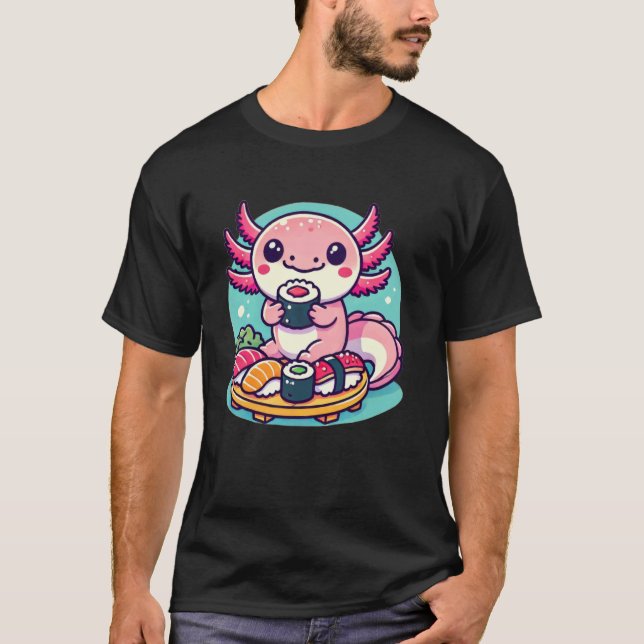 T-shirt Kawaii Axolotl Eating Sushi (Devant)