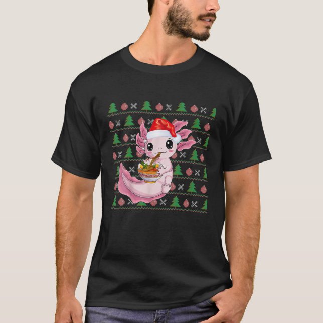 T-shirt Kawaii Axolotl Manger Ramen Santa Hat Noël laid (Devant)