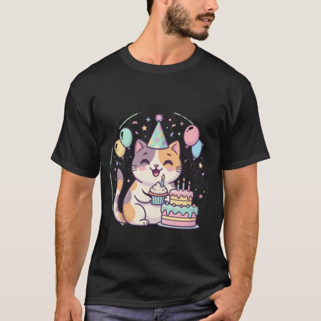 T-shirt Kawaii Birthday Cat with Cake & Balloons ✨🐾🎂 (Devant)