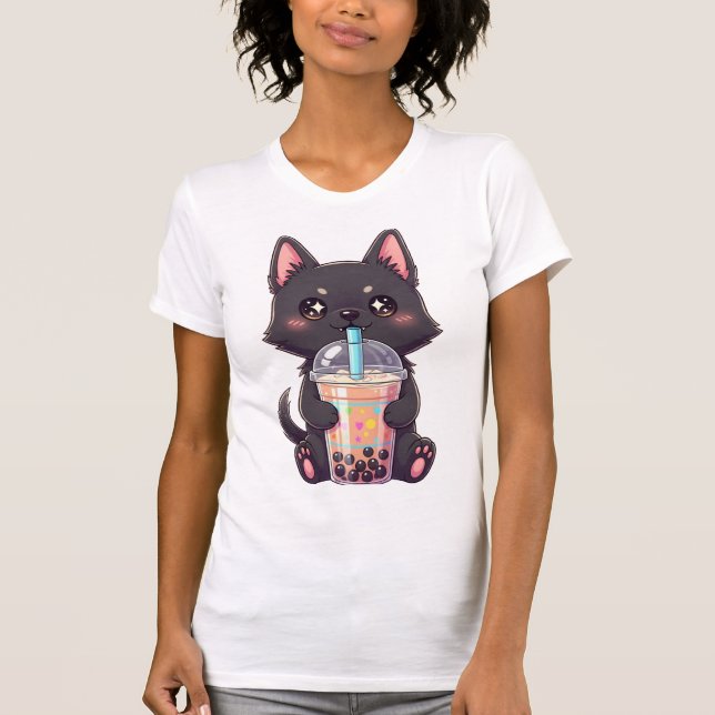 T-shirt Kawaii Black Cat Sipping Boba Tea - Cute Anime (Devant)