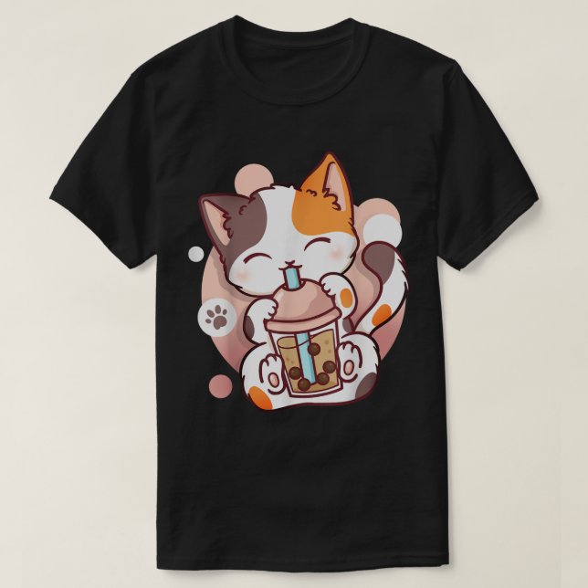 T-shirt Kawaii Boba Chat Buvant du Bubble Tea (Design devant)