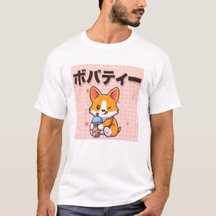 T-shirt Kawaii Boba Chien Corgi Thé Boire mignonne Anime B