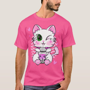 T-shirt Kawaii Boba Tea Cat Buble Style Rétro Paille Anime