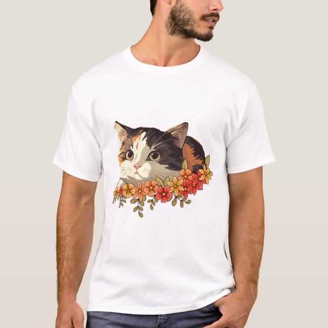 T-shirt Kawaii Calico Cat Floral Peeking Art (Devant)