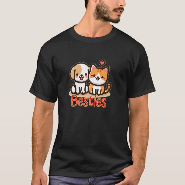T-shirt Kawaii cat and dog besties best-friend forever (Devant)