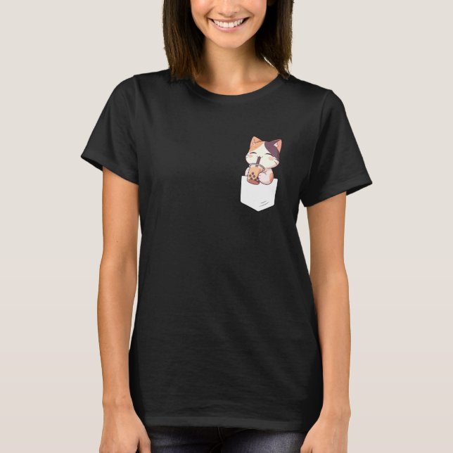 T-shirt Kawaii Cat Boba Pocket Japanese cute aesthetic Ani (Devant)
