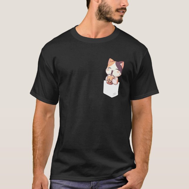 T-shirt Kawaii Cat Boba Pocket Japanese cute aesthetic Ani (Devant)
