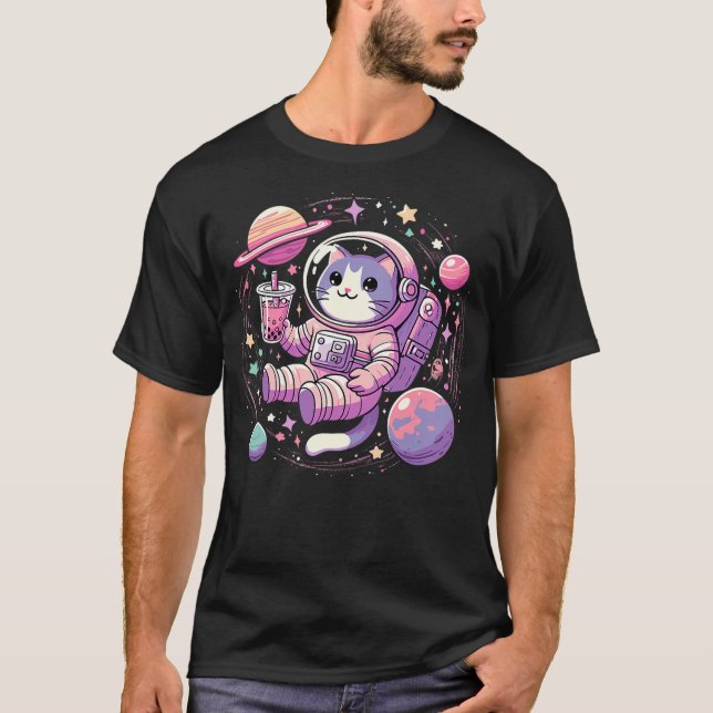 T-shirt Kawaii Cat Bubble Boba Tea In Space Astronaut (Devant)
