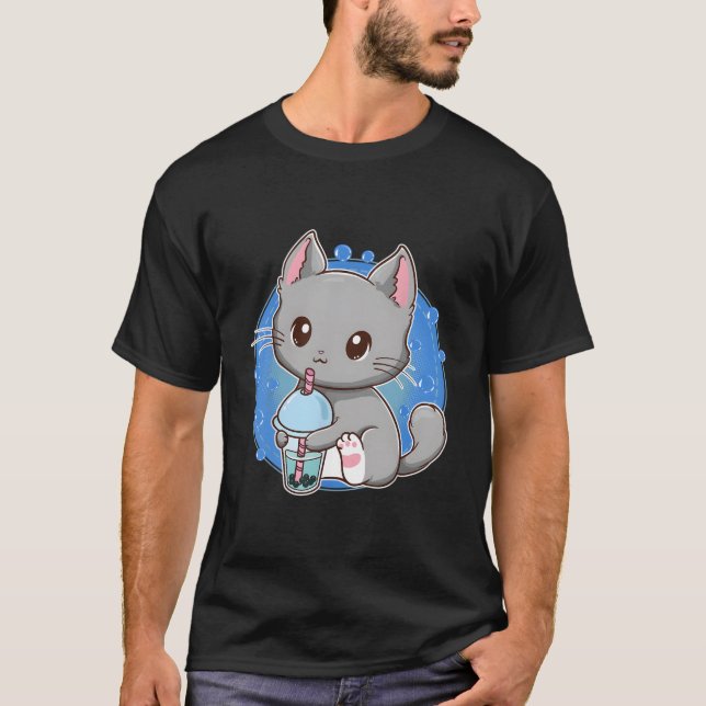 T-shirt Kawaii Cat Bubble Milk Tea For (Devant)