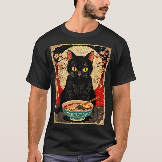 T-shirt Kawaii Cat Eating Ramen Noodles Funny Anime Gift G (Devant)