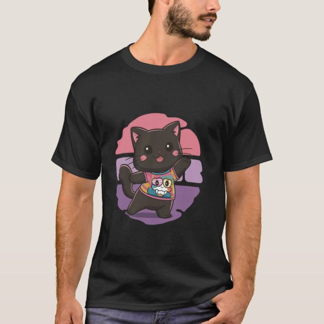 T-shirt Kawaii cat Japanese black anime cat lover (Devant)