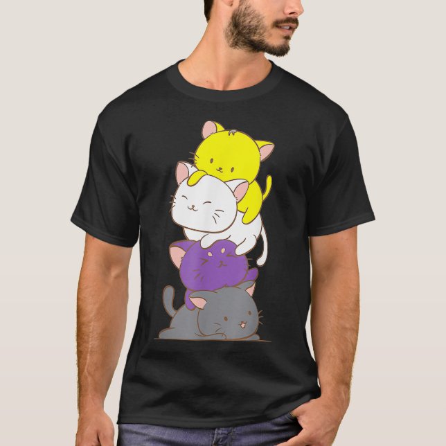 T-shirt Kawaii Cat Pile  LGBTQ Non Binary Pride Flag Kitte (Devant)