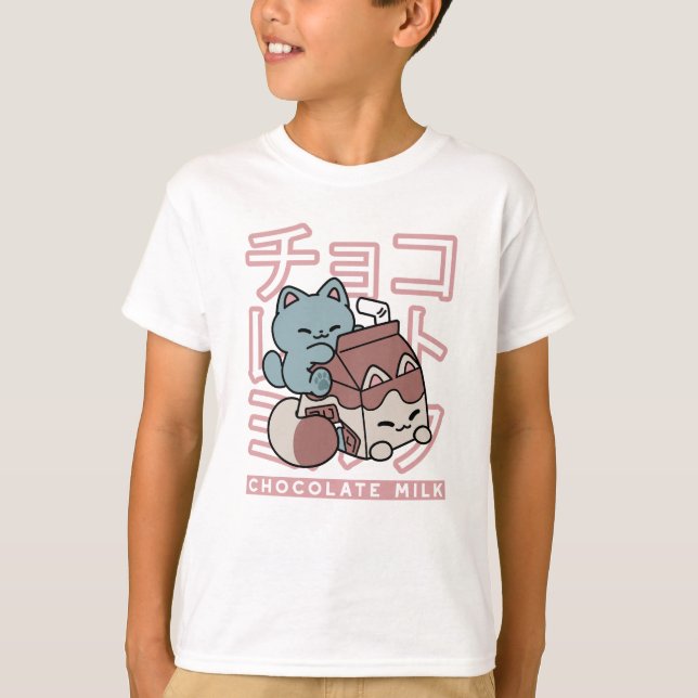 T-shirt Kawaii Cat with Chocolate Milk – Japanese Pop Art  (Devant)