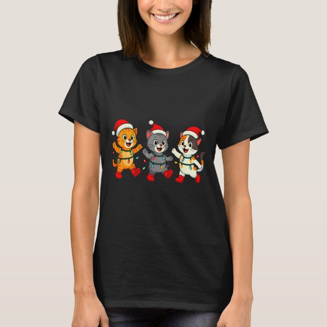 T-shirt Kawaii Cats Santa Hat Dancing Lights Christmas Dan (Devant)