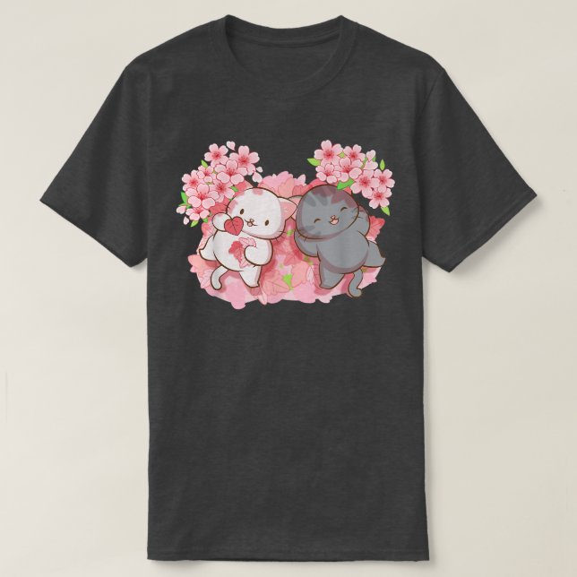 T-shirt Kawaii Cats under Cherry Blossom Trees Japanese Sa (Design devant)