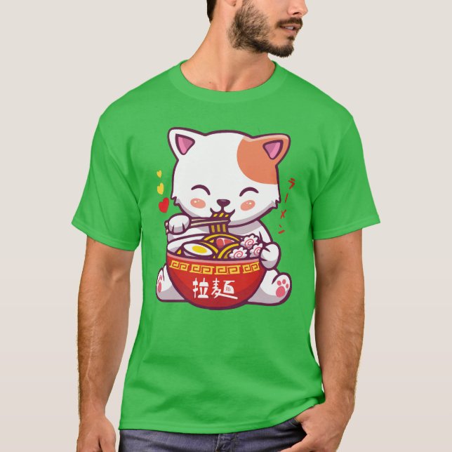 T-shirt Kawaii Chat aime Ramen | Anime Kitty manger Ramen  (Devant)
