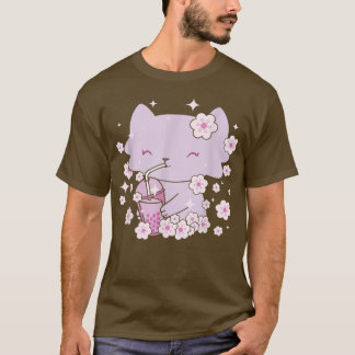 T-shirt Kawaii Chat avec thé à bulle et thé Boba et Sakura