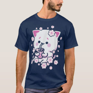 T-shirt Kawaii Chat avec thé à bulle et thé Boba et Sakura