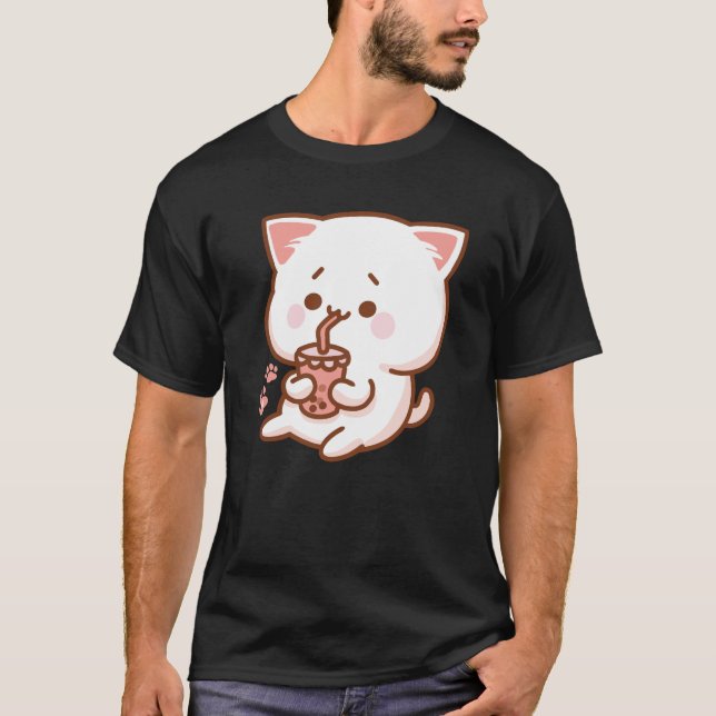 T-shirt Kawaii Chat Boire Boba Tea (Devant)