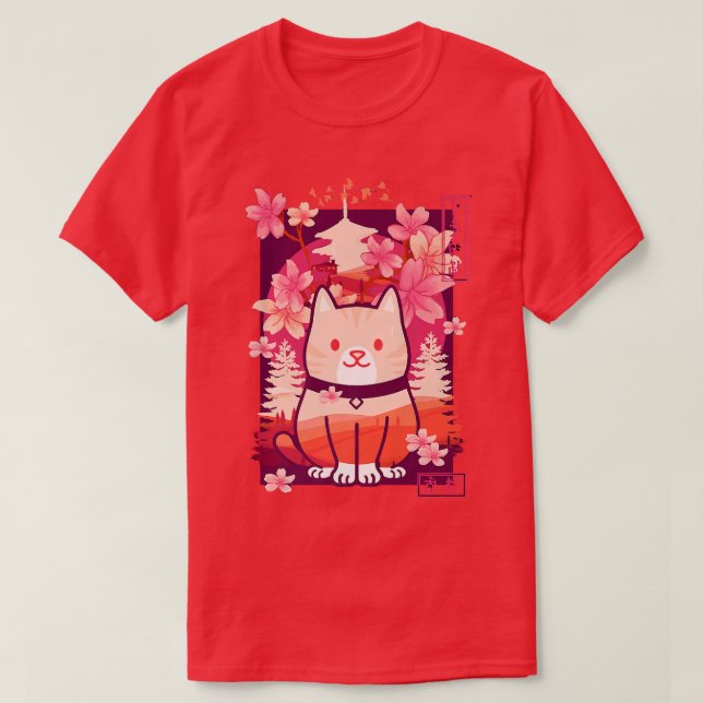 T-shirt Kawaii Chat Cerise Blossom Anime Kitten Sakura (Design devant)