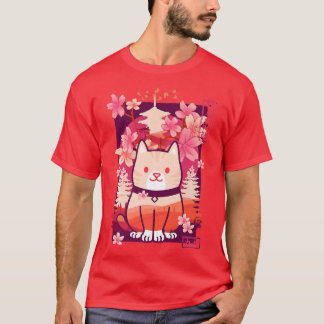 T-shirt Kawaii Chat Cerise Blossom Anime Kitten Sakura