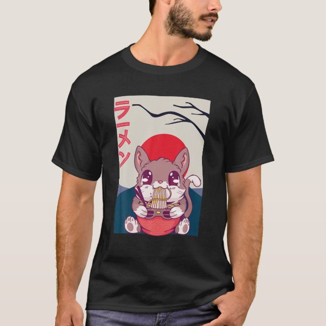 T-shirt Kawaii Chat d'écureuil japonais Mange Ramen Alors  (Devant)