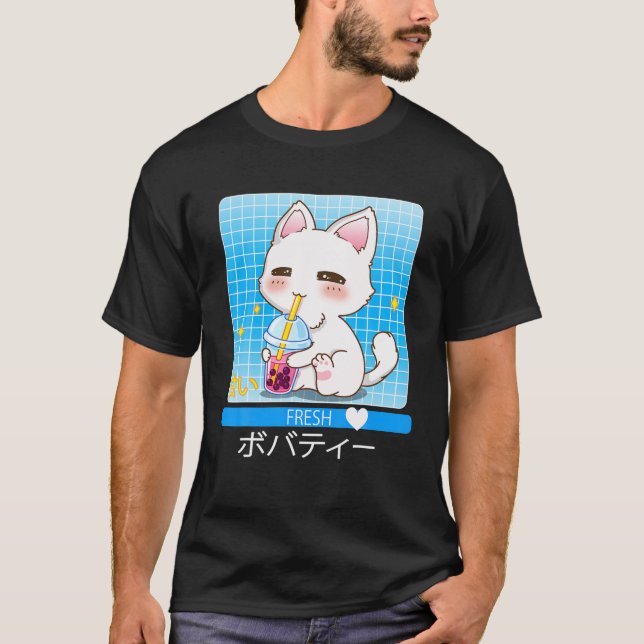 T-shirt Kawaii Chat japonais Anime Boire Boba Tea Cute C (Devant)